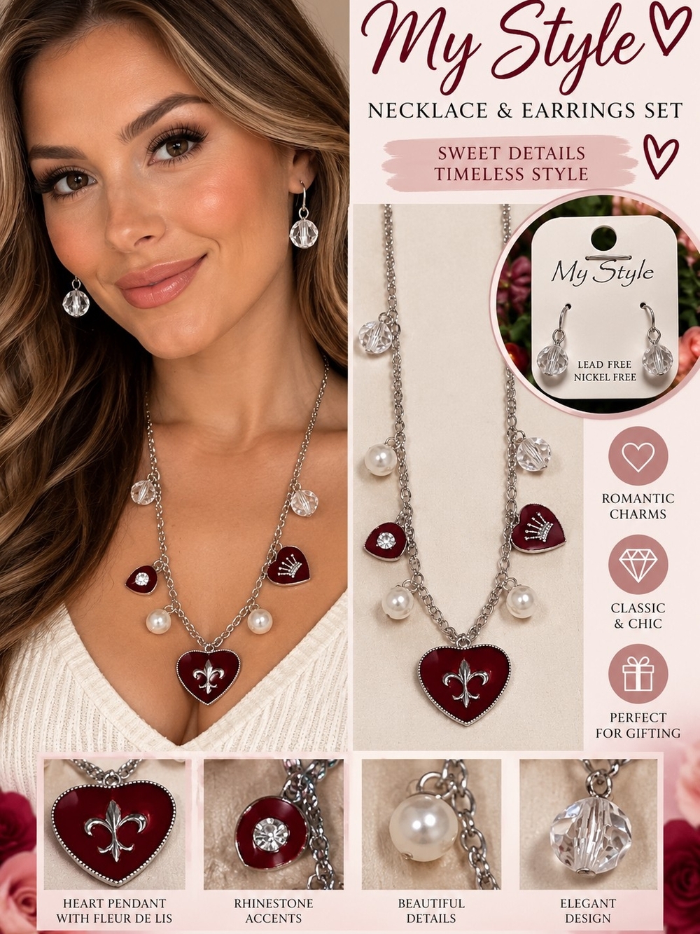 Women’s Burgundy Heart Necklace & Earrings Set -